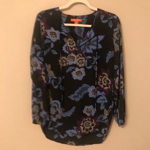 JOE FRESH Black & Blue Floral Tunic Top Sz Medium